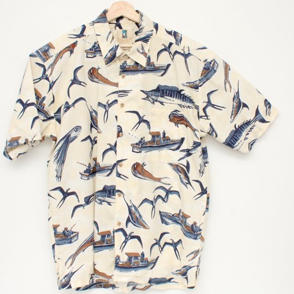 Kahala Men's SS Button Shirt Hawaiian Fishes Theme Large Beige - Picture 3 of 7